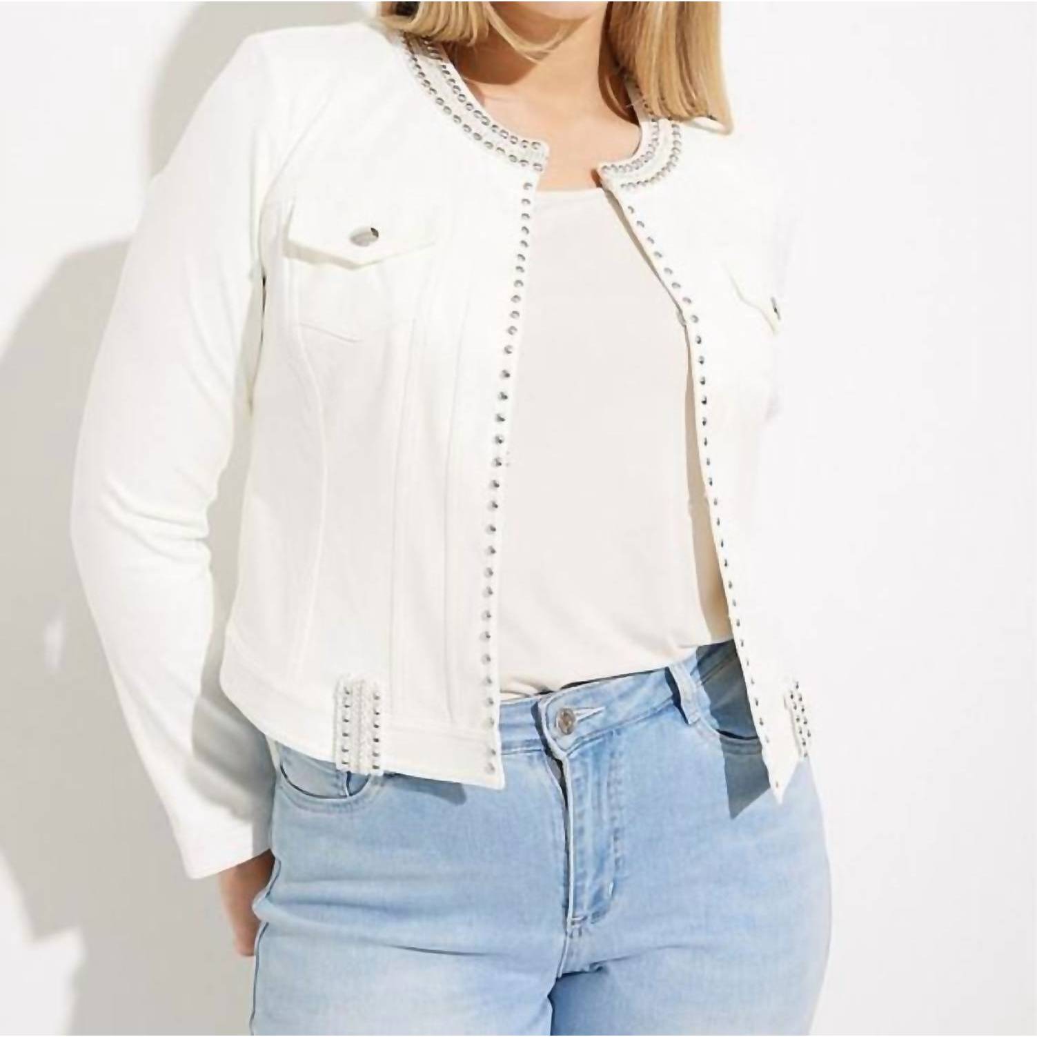 New Joseph Ribkoff Studded Pleather Jacket In White